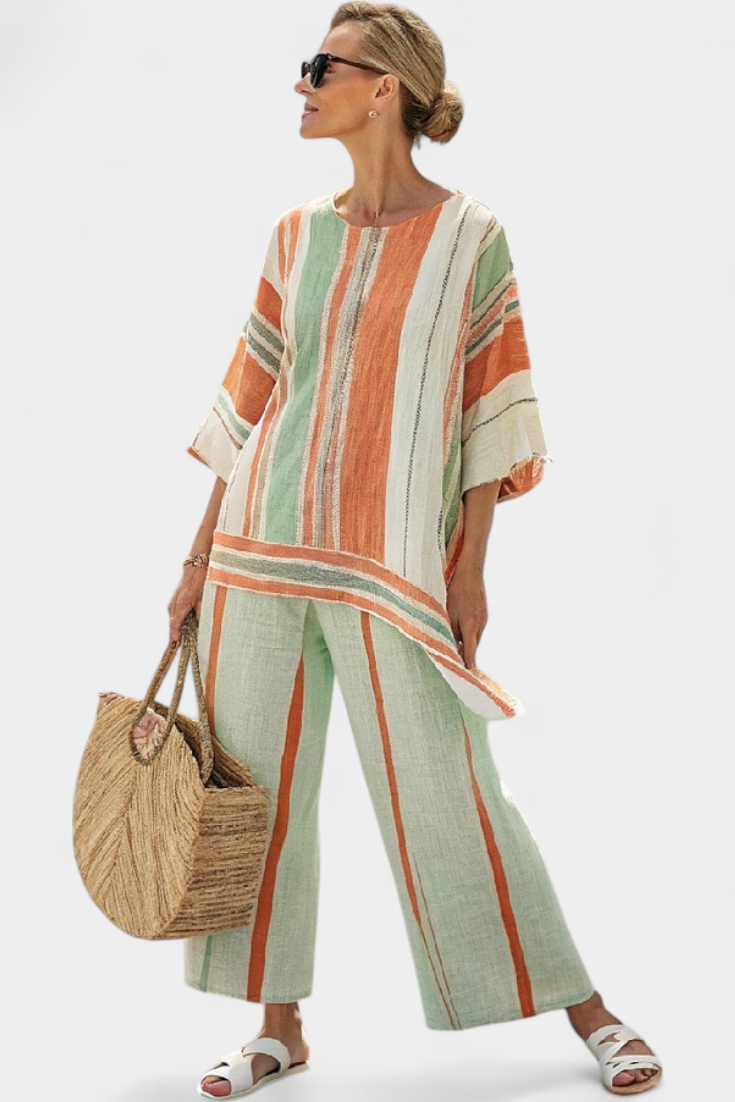 Elegant Sæt af Linned Bambus med Striber og Asymmetrisk Bluse samt Bredde Bukser til en Raffineret Stil