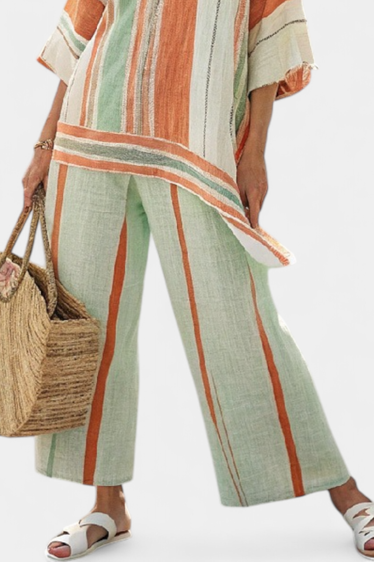 Elegant Sæt af Linned Bambus med Striber og Asymmetrisk Bluse samt Bredde Bukser til en Raffineret Stil