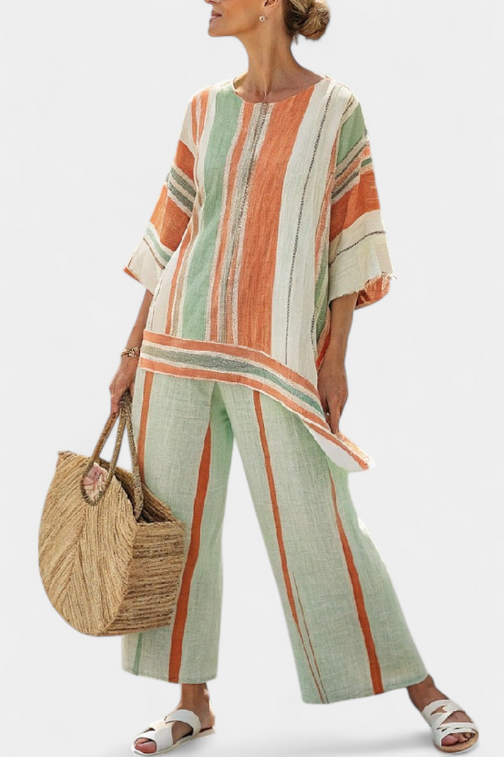 Elegant Sæt af Linned Bambus med Striber og Asymmetrisk Bluse samt Bredde Bukser til en Raffineret Stil
