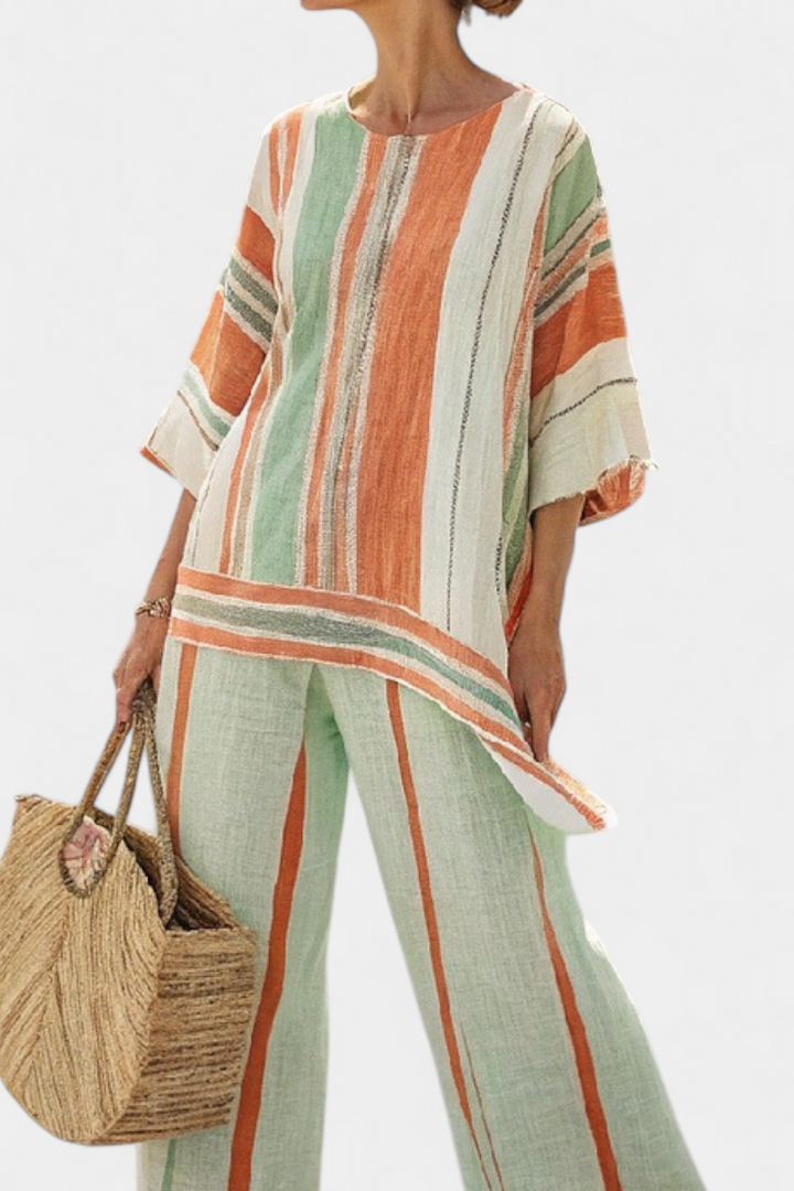 Elegant Sæt af Linned Bambus med Striber og Asymmetrisk Bluse samt Bredde Bukser til en Raffineret Stil