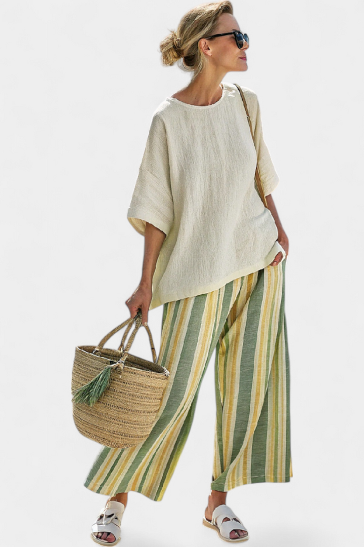 Daisy Sæt i bambuslinned Middelhavsstil med olivengrønne striber til en forfriskende og elegant stil