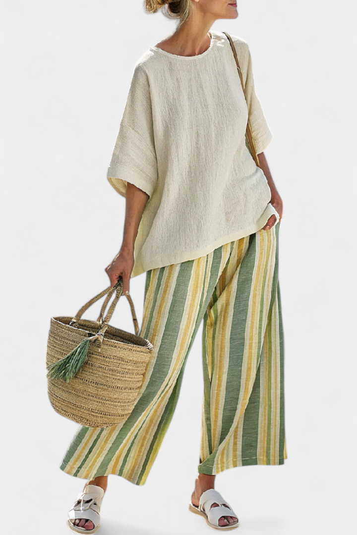 Daisy Sæt i bambuslinned Middelhavsstil med olivengrønne striber til en forfriskende og elegant stil
