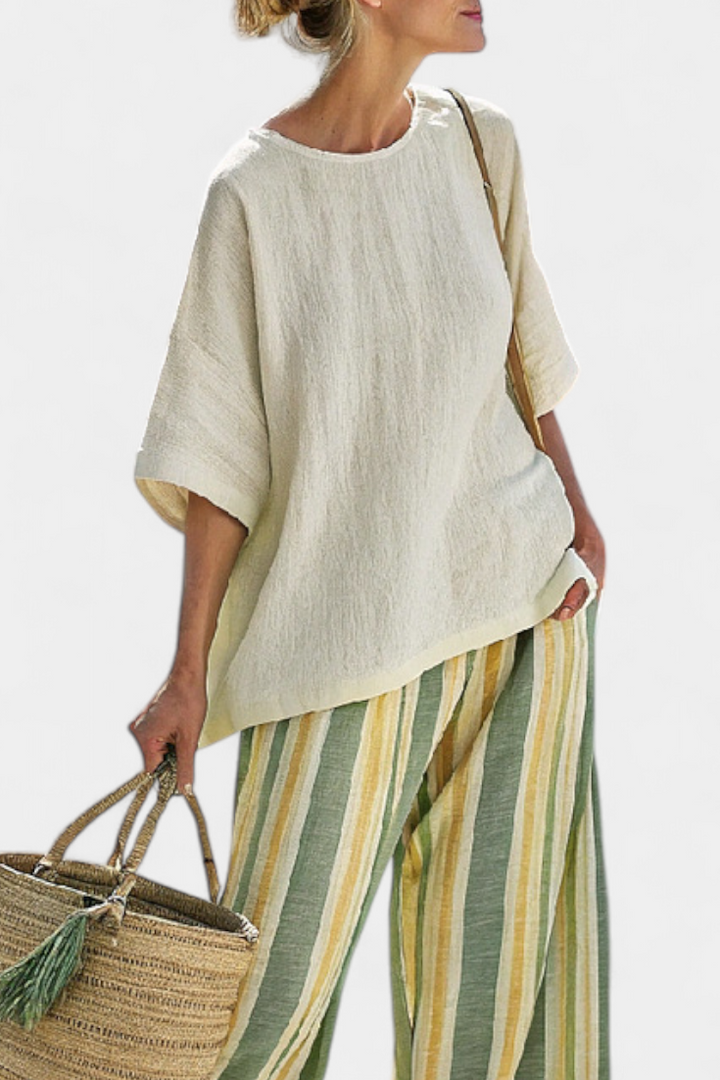 Daisy Sæt i bambuslinned Middelhavsstil med olivengrønne striber til en forfriskende og elegant stil