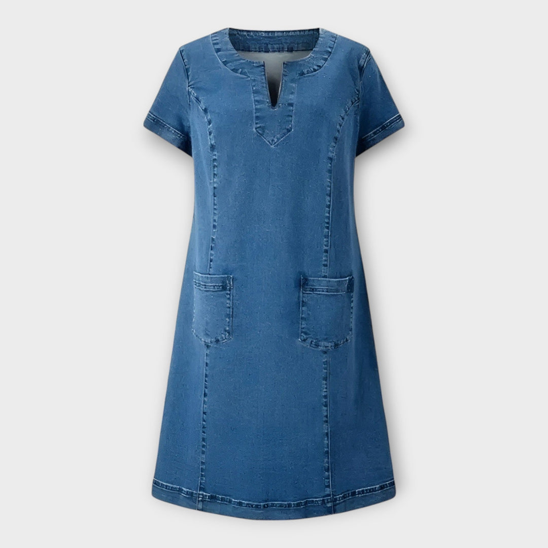 Jeanskjole med Lommer og V-Udskæring
