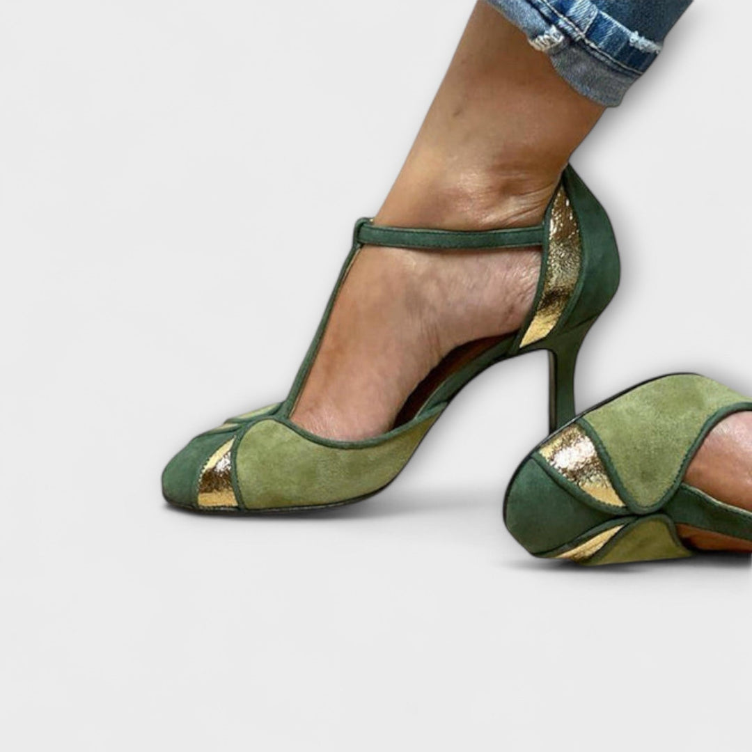 Alona - Dekolleté Patchwork med T-Strop og Lukket Tå