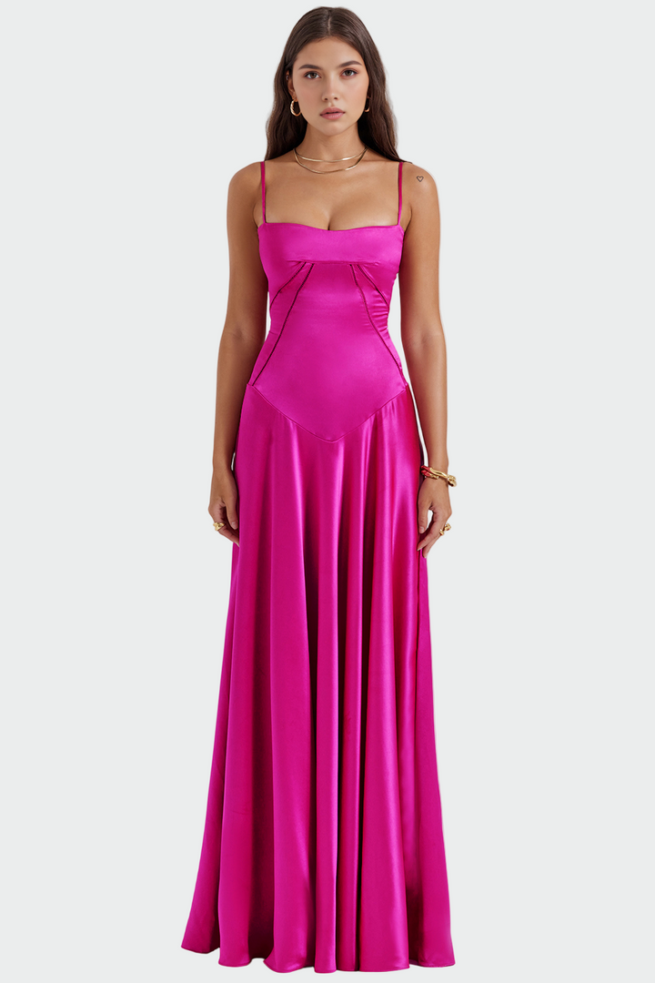 Satin Maxi Kjole med Tynde Stropper