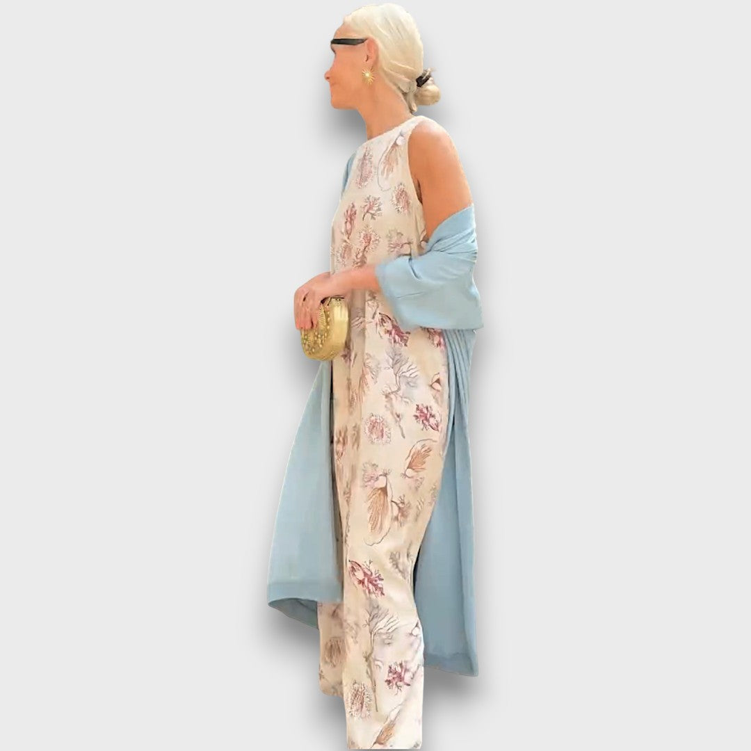 Lang Kjole med Blomsterdesign &amp; Let Jakke