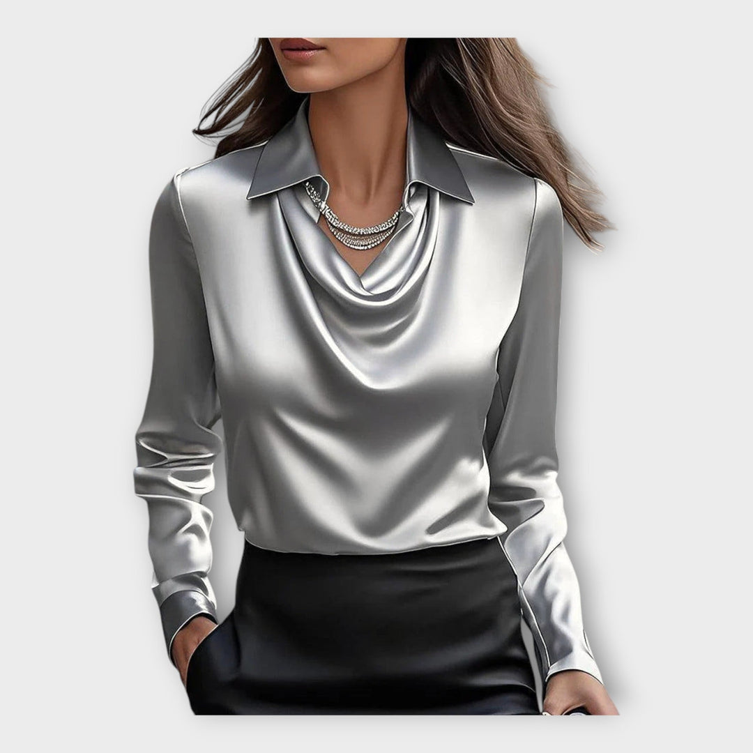 Satin Bluse med Draperet U-udskæring og Krave