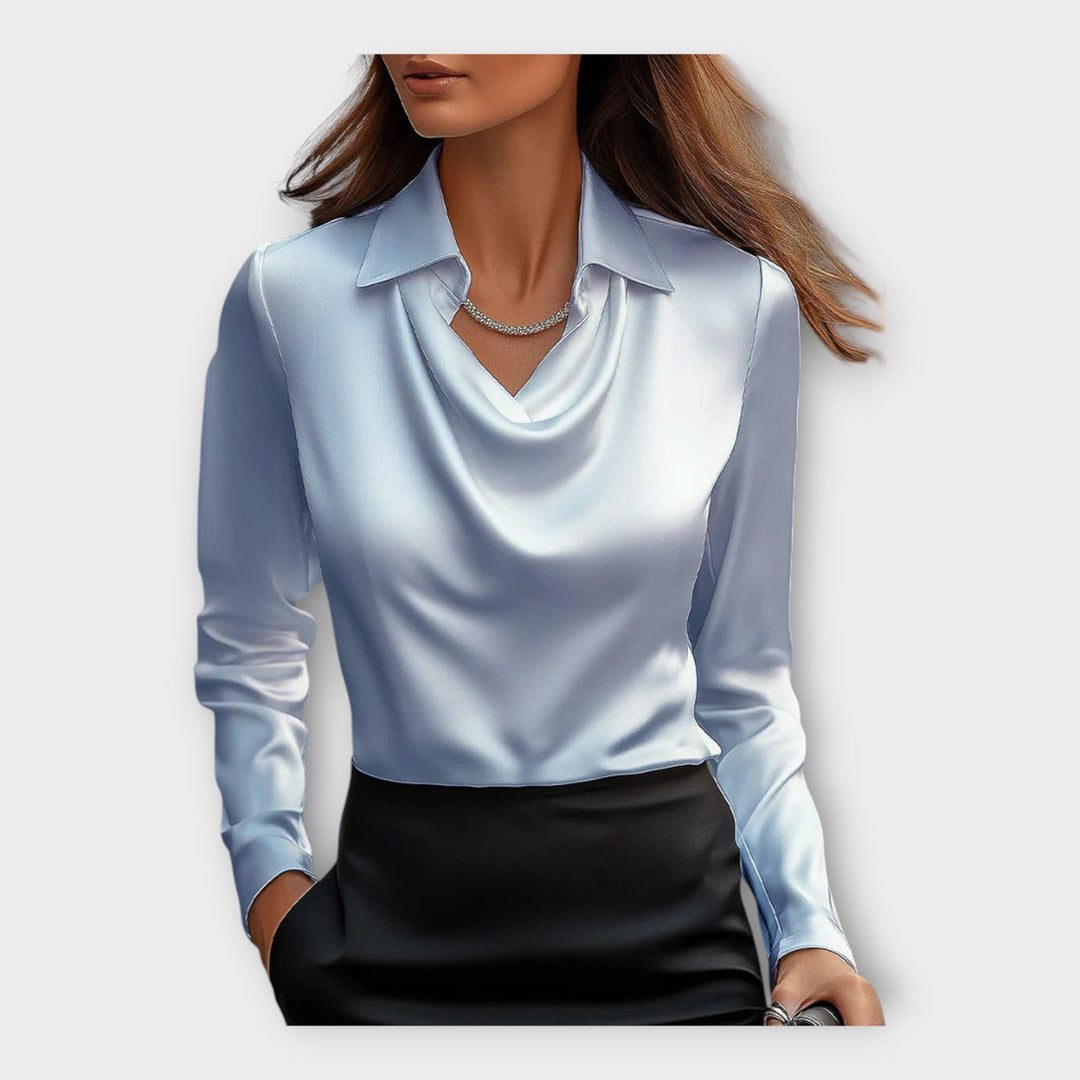 Satin Bluse med Draperet U-udskæring og Krave