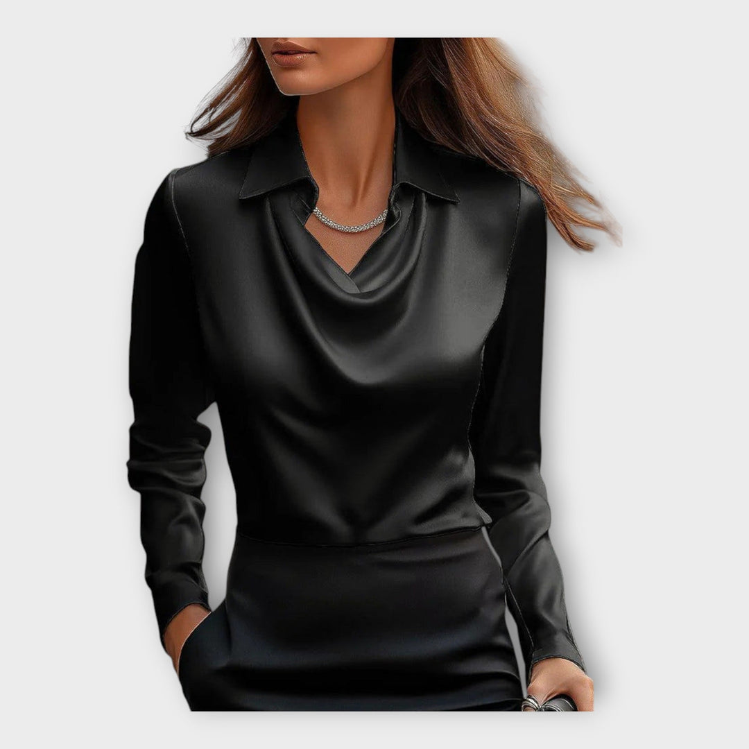 Satin Bluse med Draperet U-udskæring og Krave