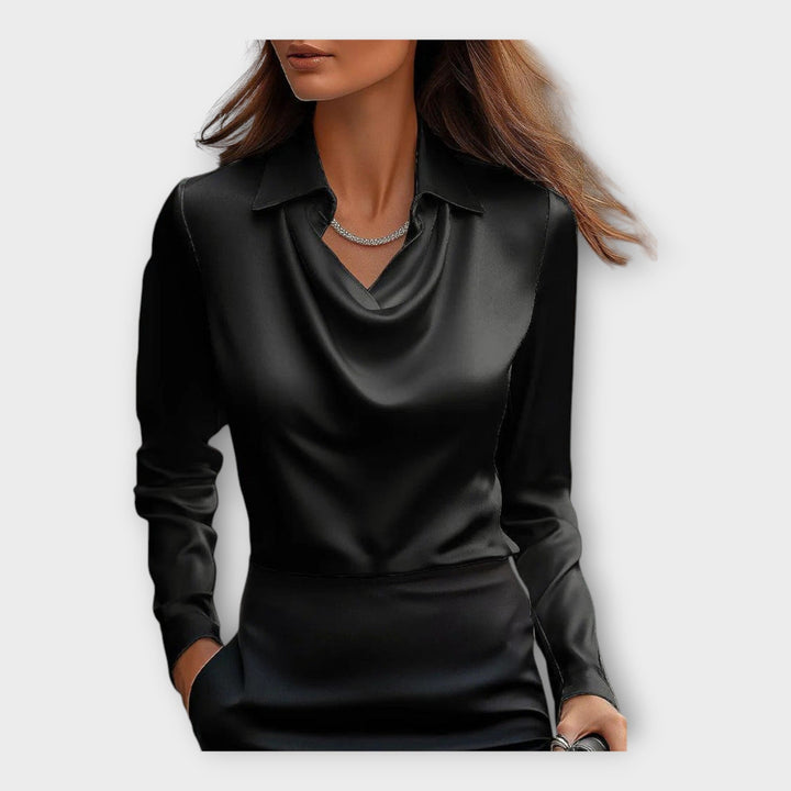 Satin Bluse med Draperet U-udskæring og Krave