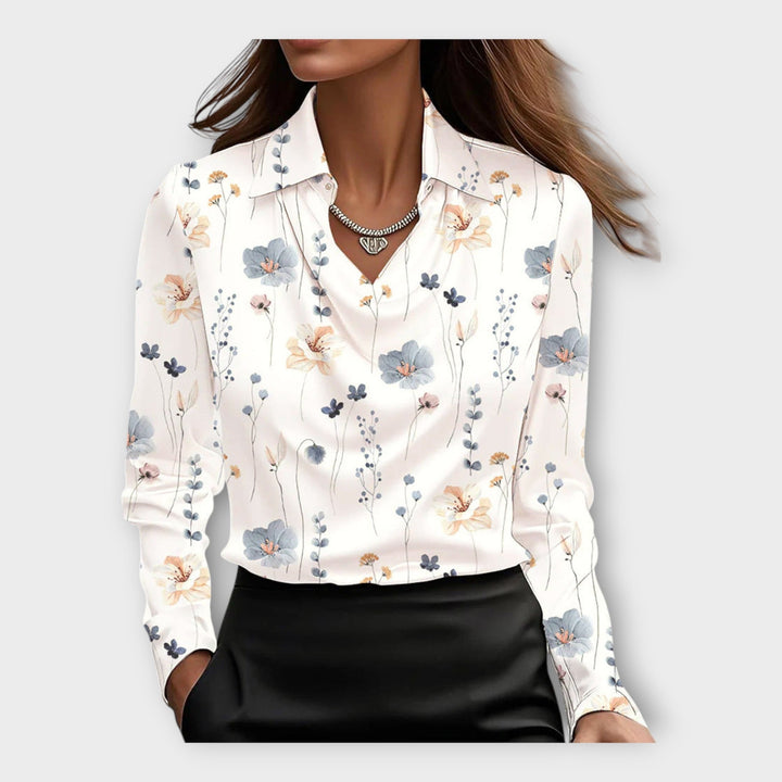 Satin Bluse med Draperet U-udskæring og Krave
